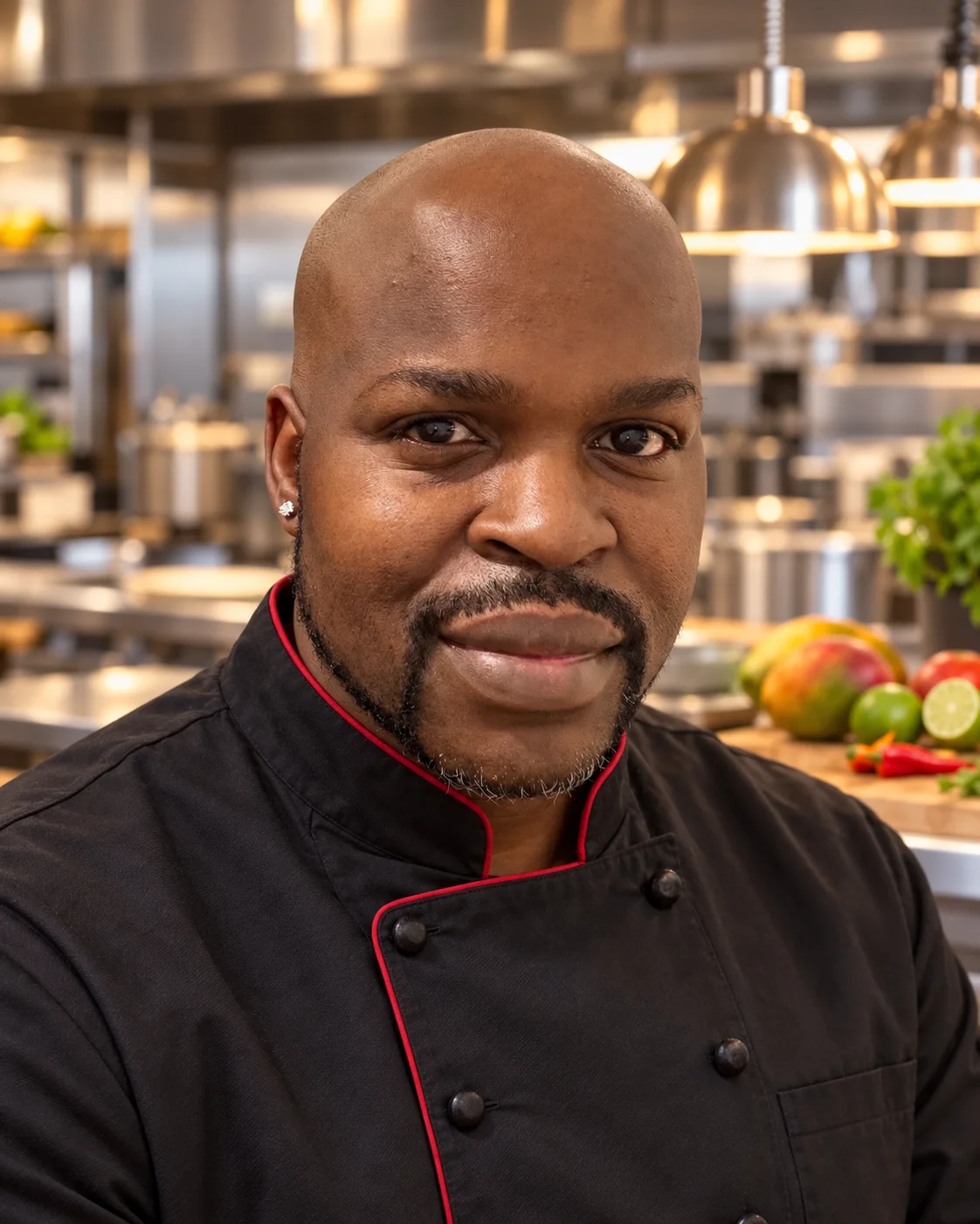 Portrait de Chef Maïki en veste de chef noire dans une cuisine